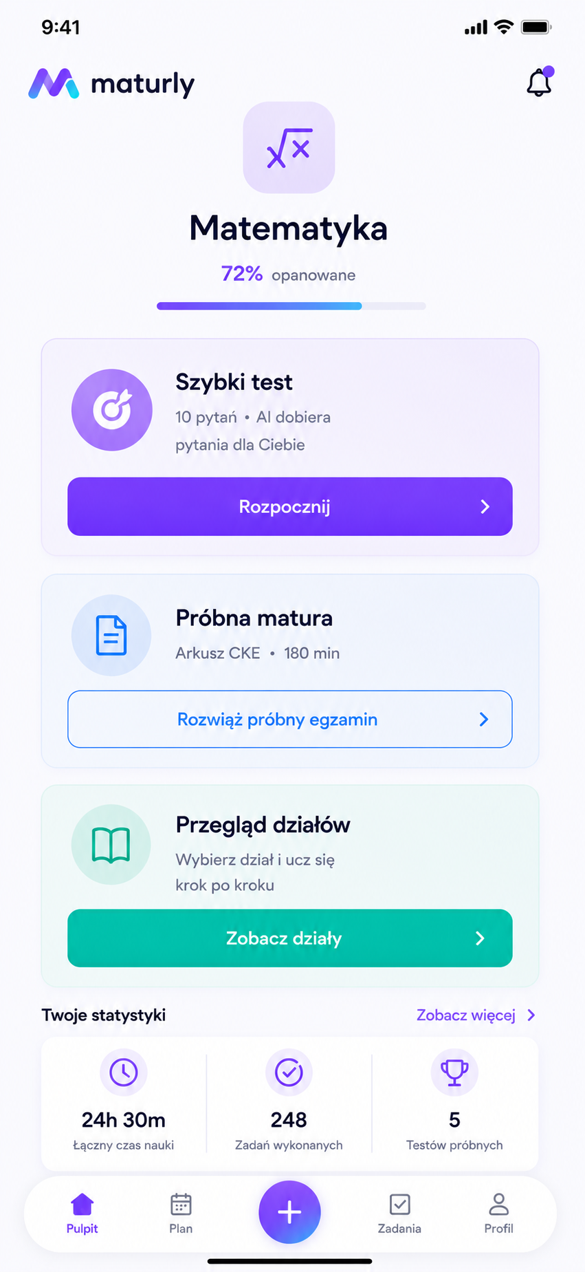 Panel przedmiotu — ekran aplikacji Maturly